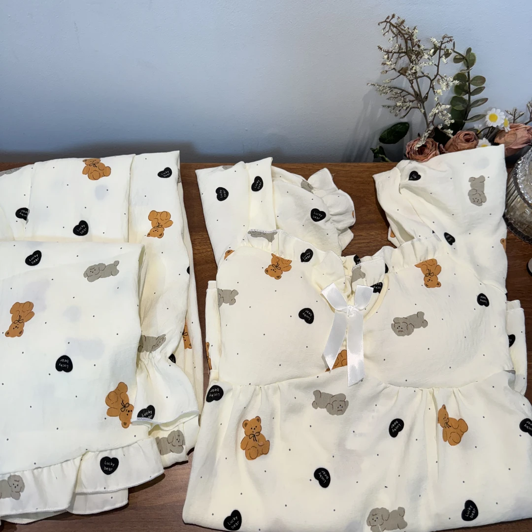 R533三件套夏季套头小熊家居服带胸垫 短袖+短裤+长裤