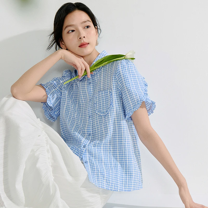 【茵曼服装】茵曼格纹衬衣宽松气质百搭衬衫上衣18525958