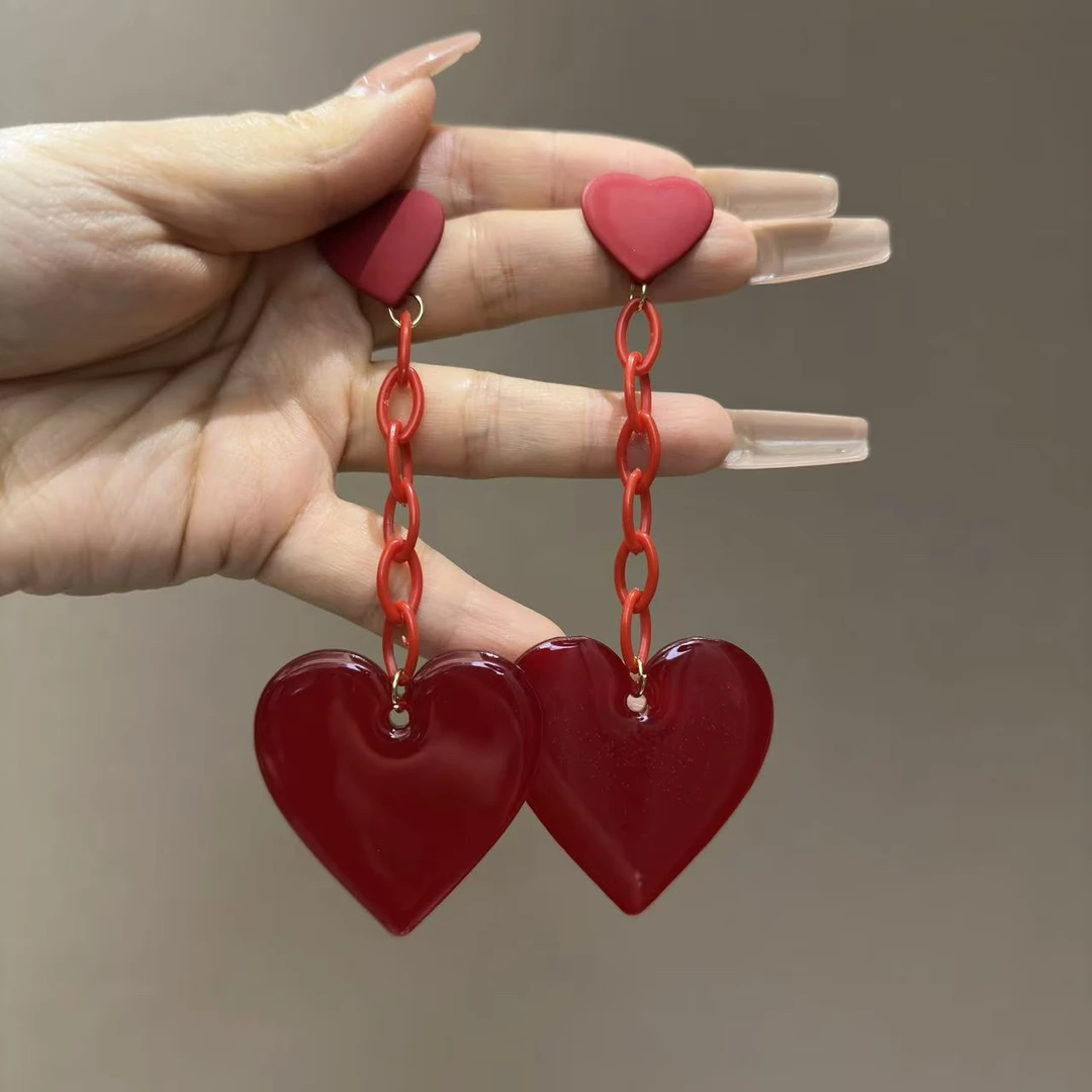 铜合金合成锆石耳饰 红色单层爱心