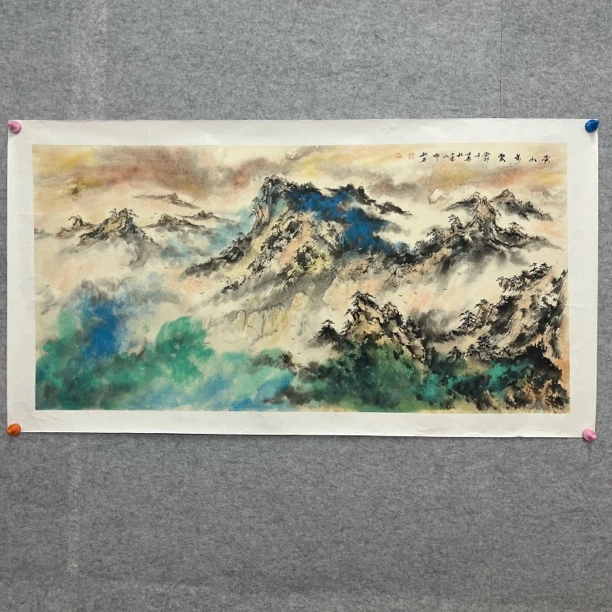 秋石老师纯手绘泼墨山水137.68 四尺整张 托底 横幅 彩色 纯山
