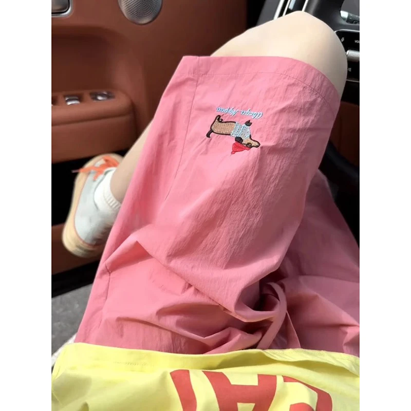 粉色多巴胺速干短裤男夏季外穿腊肠狗刺绣沙滩裤运动休闲五分中裤