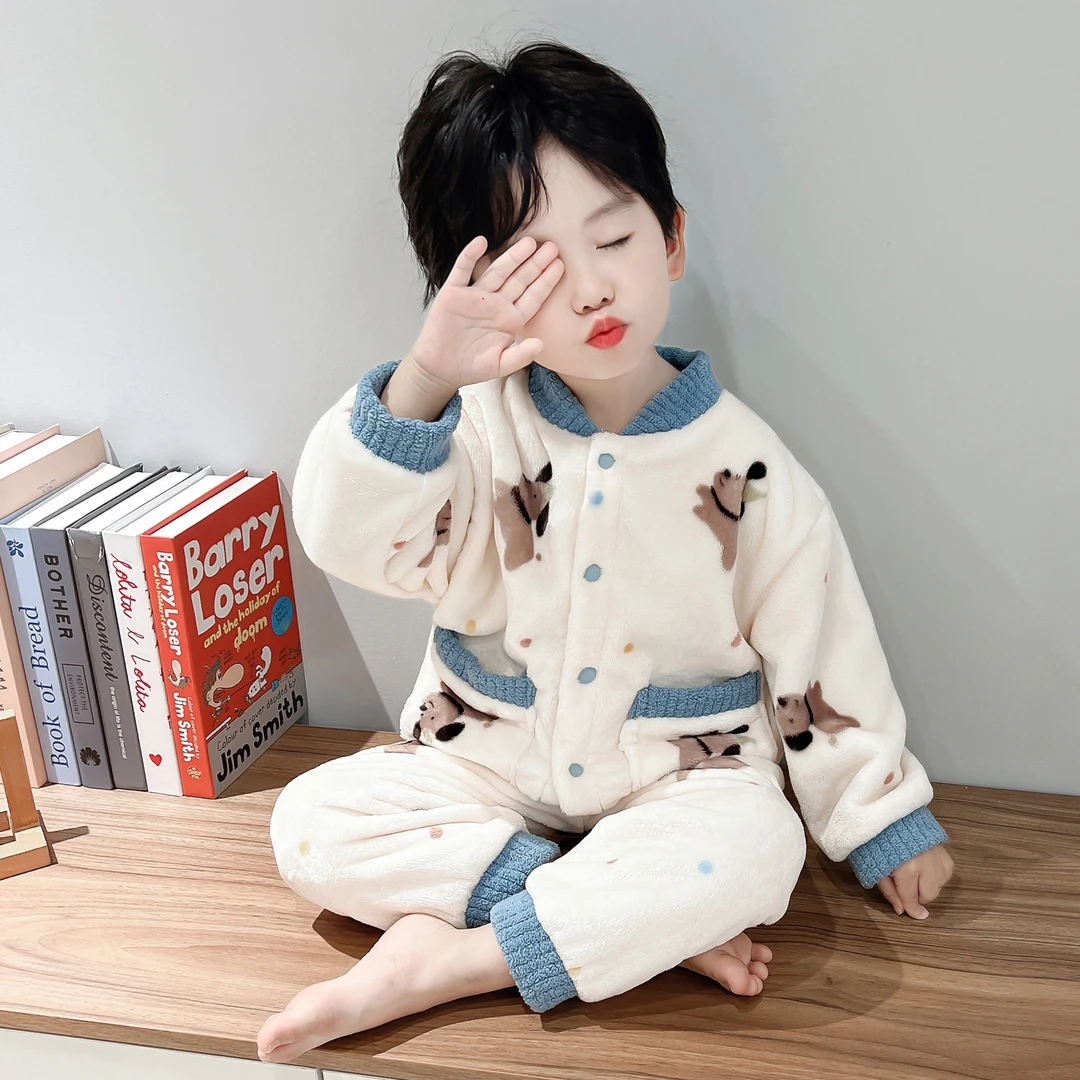 男童睡衣珊瑚绒秋冬款加厚男孩宝宝法兰绒开衫套装儿童卡通家居服