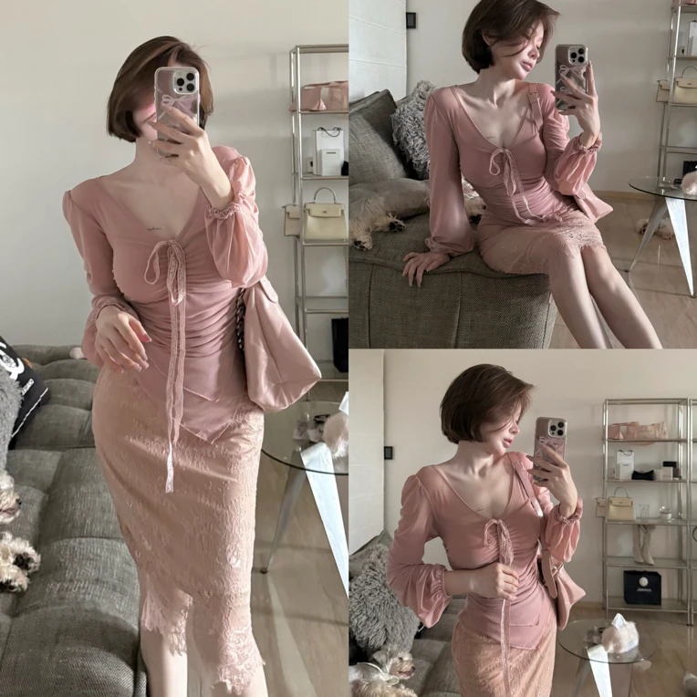 纯欲棠脂粉玉女人味性感绑带褶皱网纱上衣/蕾丝半身裙套装