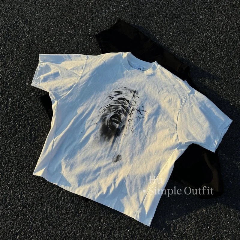 胡先生25ss「人像印花」夏季美式高街260G纯棉宽松蝙蝠袖T恤Y8093