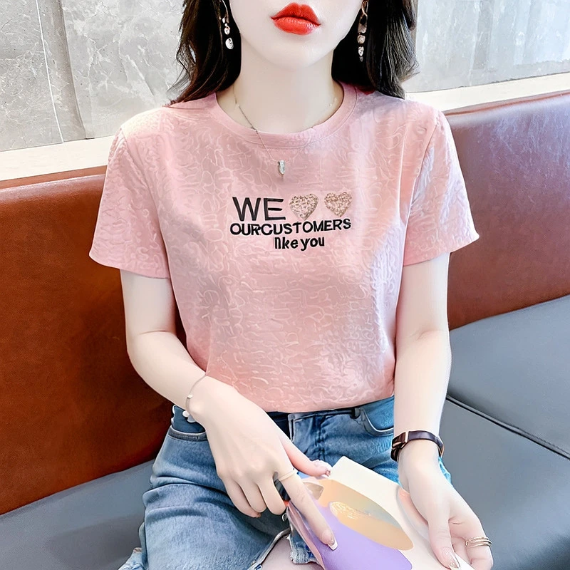 韩系甜美粉色短袖t恤女夏季新款设计感爱心字母刺绣上衣洋气半袖