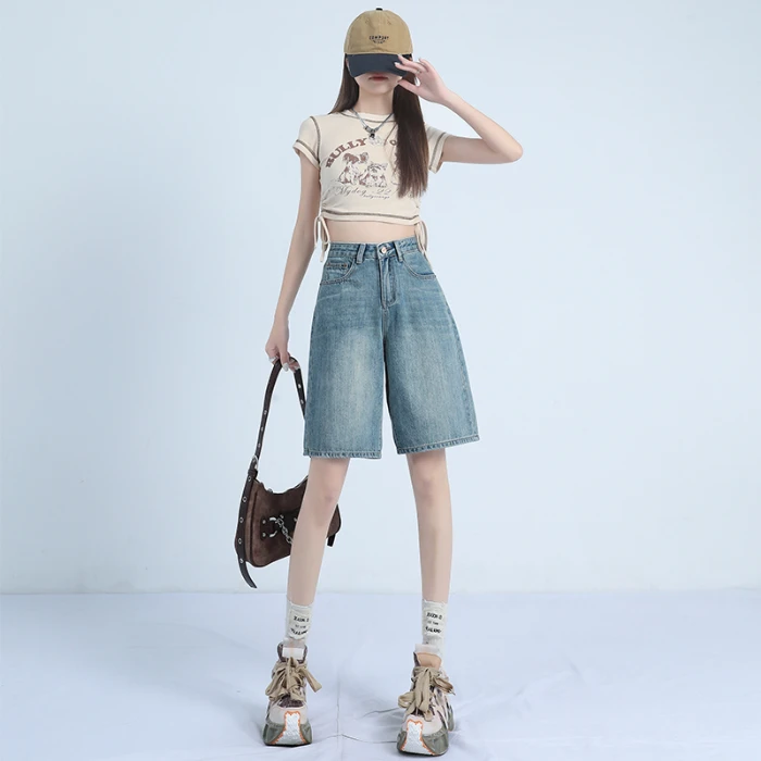 拉夏贝尔宽松学生直筒牛仔短裤女夏季薄款高腰休闲显瘦阔腿五分裤