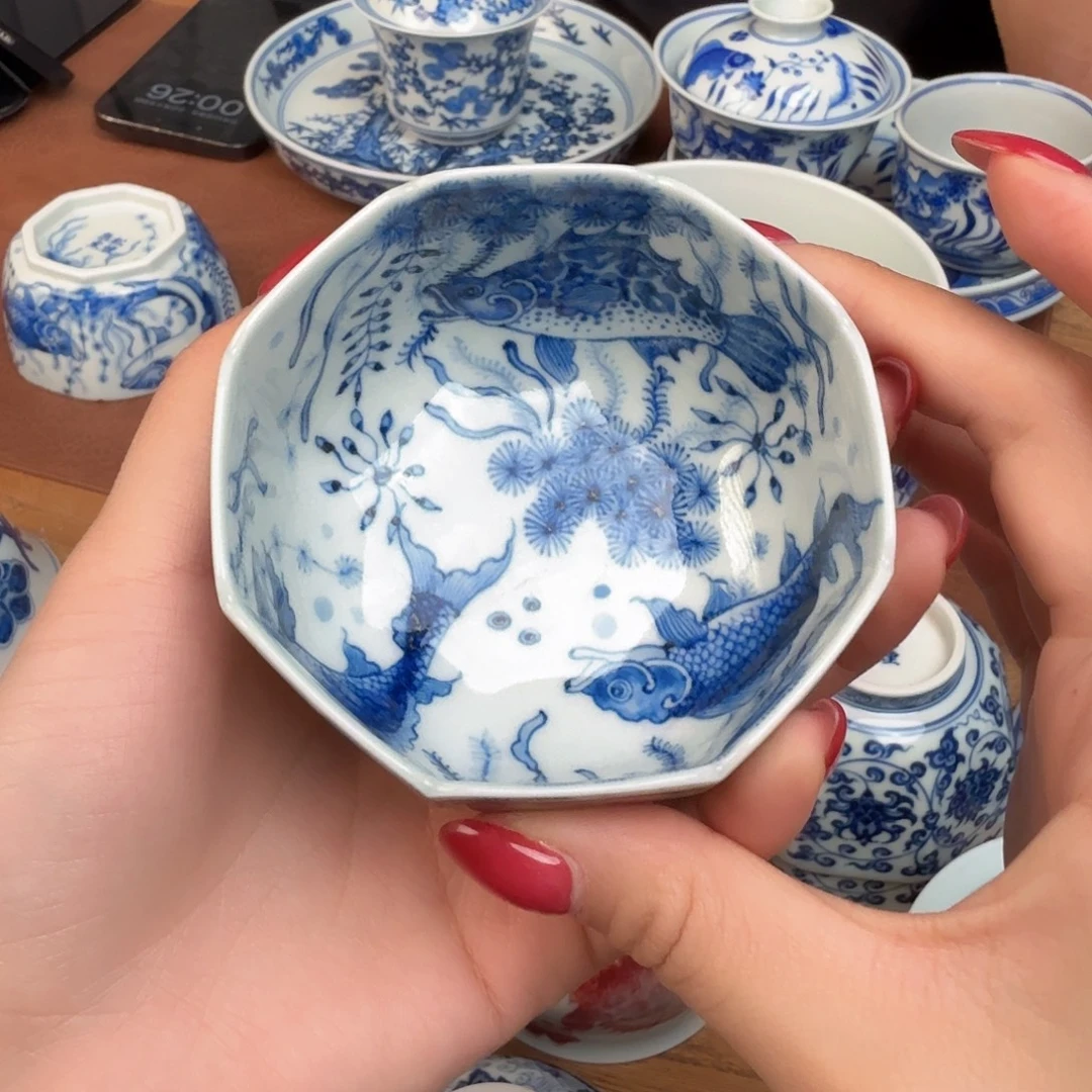 湖***湖瓷杯子仿明鱼藻六方杯