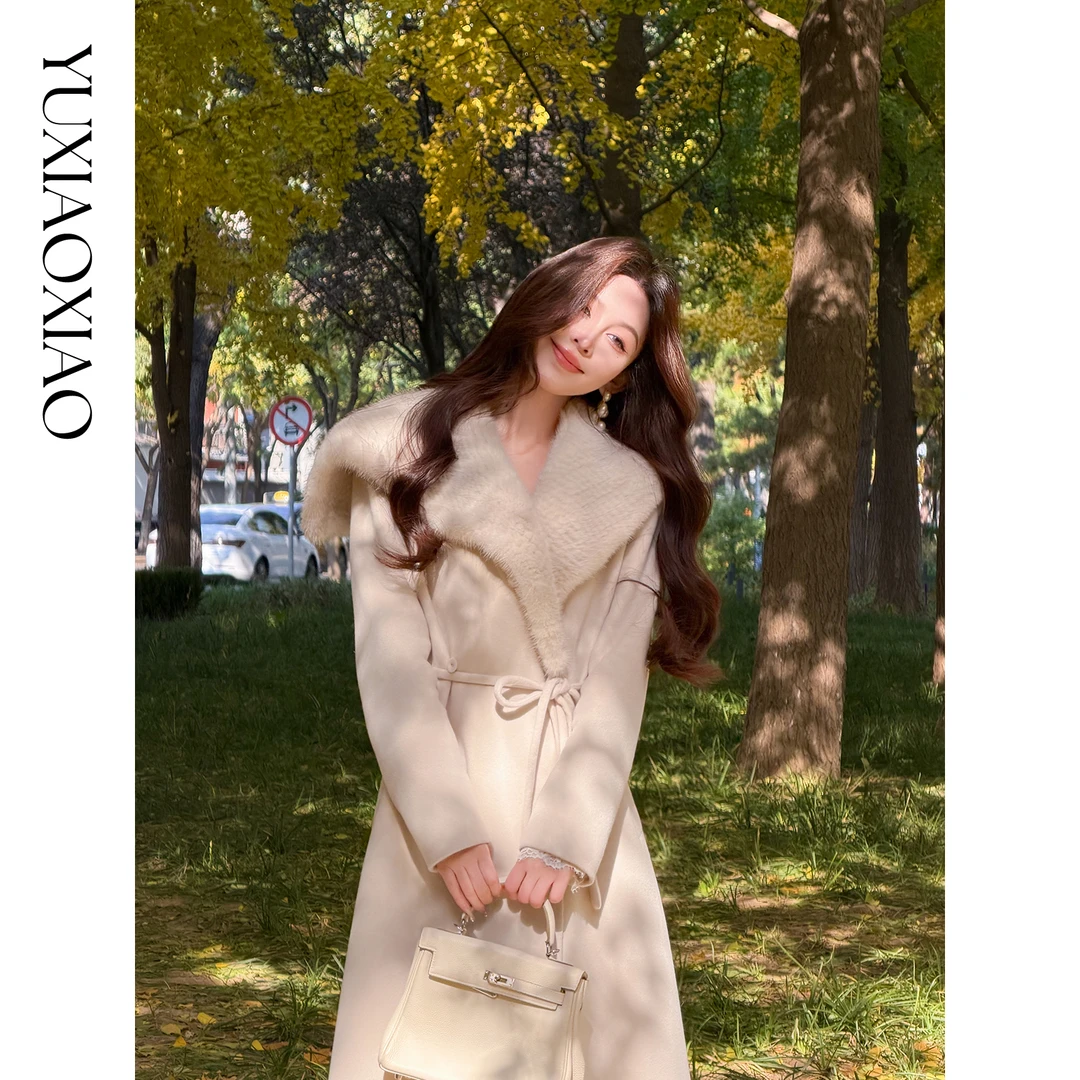 余潇潇【千金剧场】纤细小山羊绒羊毛大翻领拼接水貂毛长款大衣外套