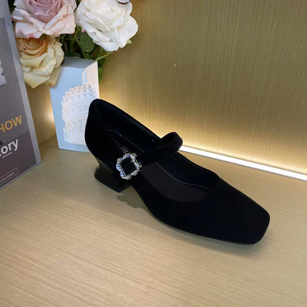 1020【妩媚】2025年春新款软底羊皮浅口小方头一字带手工单鞋A【4cm】