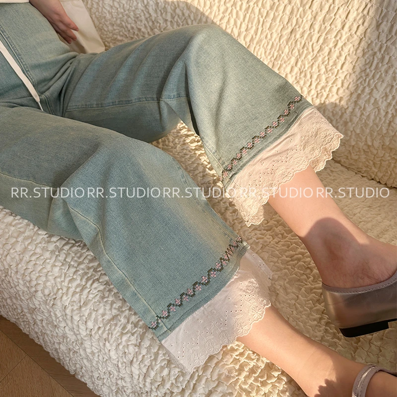 孕妇春款牛仔裤高腰无托腹直筒裤刺绣蕾丝拼接九分阔腿裤DY1836