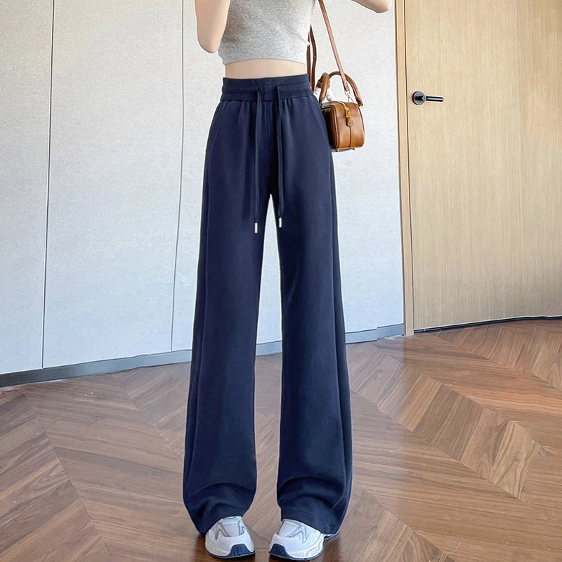 秋冬新款窄版直筒裤女加绒休闲运动裤卫裤百搭显瘦高腰拖地阔腿裤