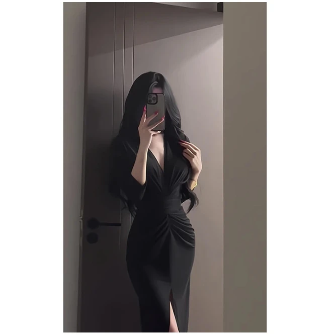 御姐黑色收腰显瘦v领连衣裙轻奢气质绝美中长款开叉包臀裙3395#