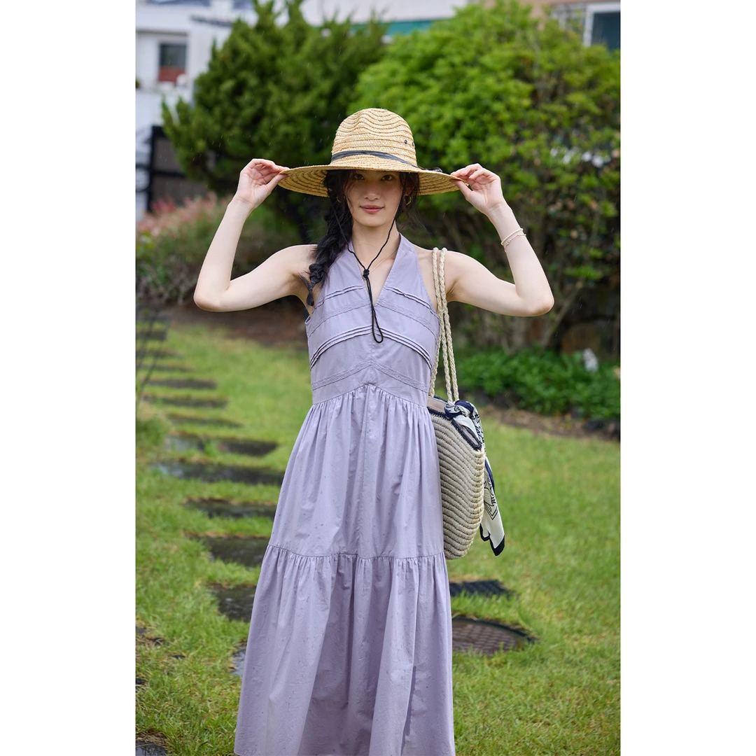 solighter 法式挂脖v领连衣裙夏季a字蛋糕裙5I0601L17X1