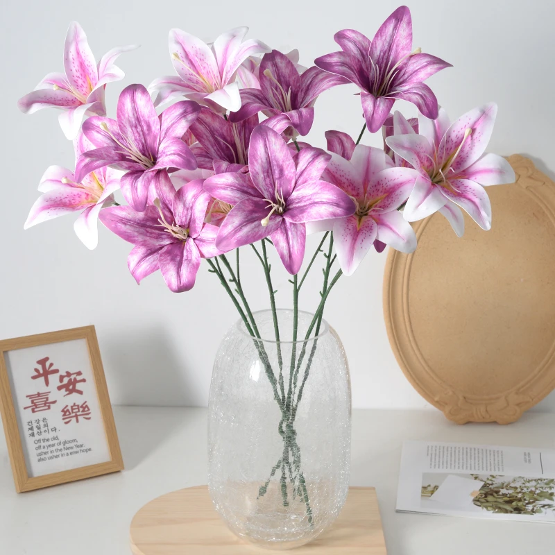 仿真花3头胶布百合 3D打印婚庆礼堂装饰花墙假花拍摄道具厂家批发