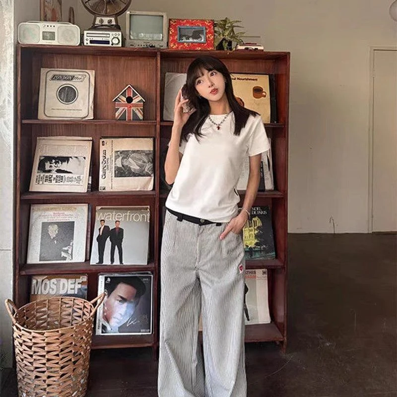 蓝色竖条纹裤子男女夏季薄款爱心刺绣阔腿小众直筒休闲长裤