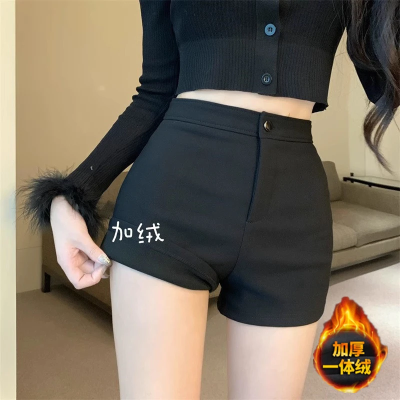 黑色加绒加厚高腰弹力休闲短裤女秋冬季辣妹修身显瘦a字裤热裤子
