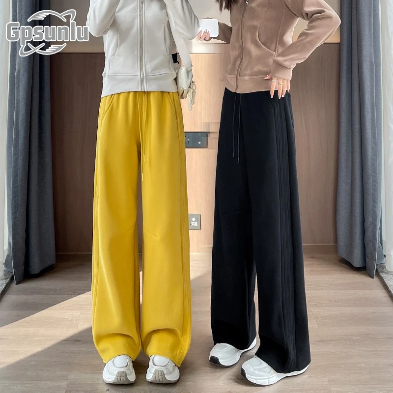 gpsunlu小个子黄色直筒香蕉卫裤女秋季新款高黄色阔腿直筒卫裤