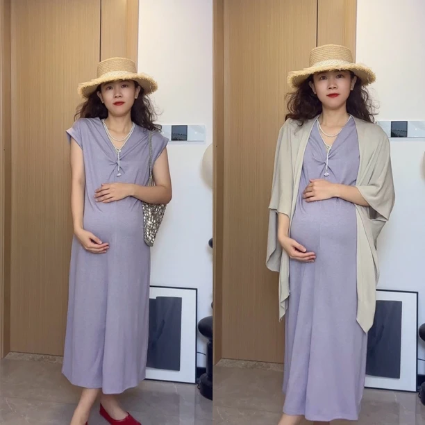 梨形身材穿的孕妇装夏季交叉设计简约气质中长款淡紫色连衣裙
