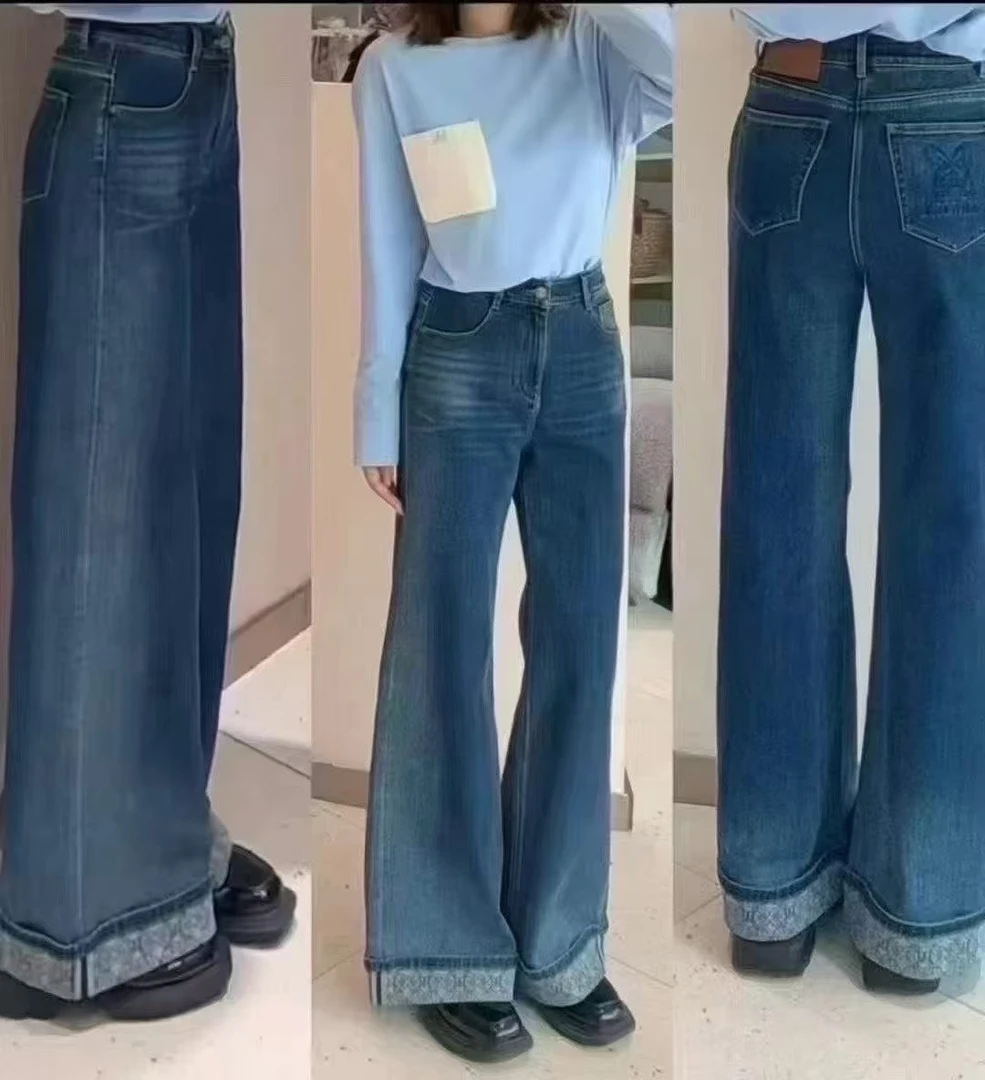 原价勿拍蝴蝶闪钻服饰牛仔翻边拖地牛仔长裤