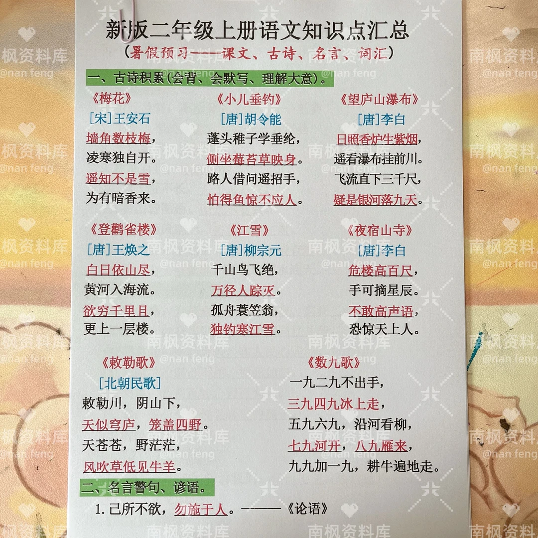 2025年秋季新版二年级上册语文知识点汇总课文古诗名言词汇电子版