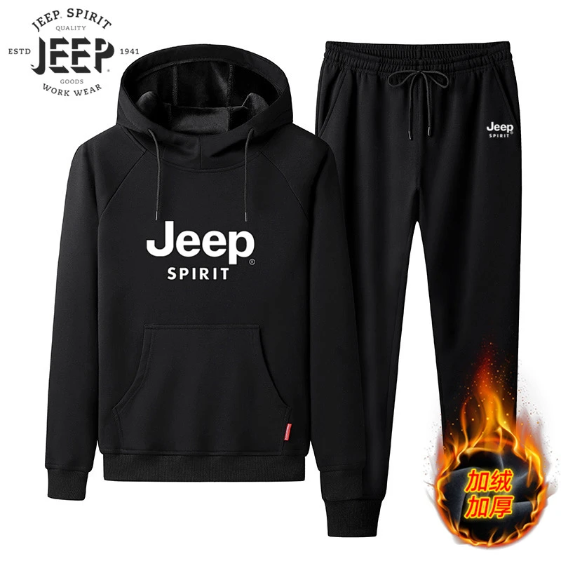 JEEPSPIRIT运动套装男士青少年秋冬新款加绒加厚卫衣套头休闲套装