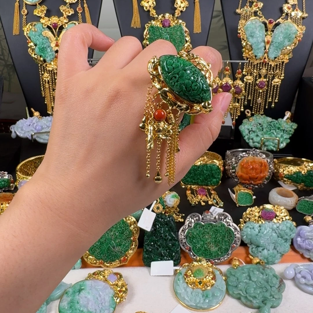 翡翠银S925镀金镶嵌颈饰戒指