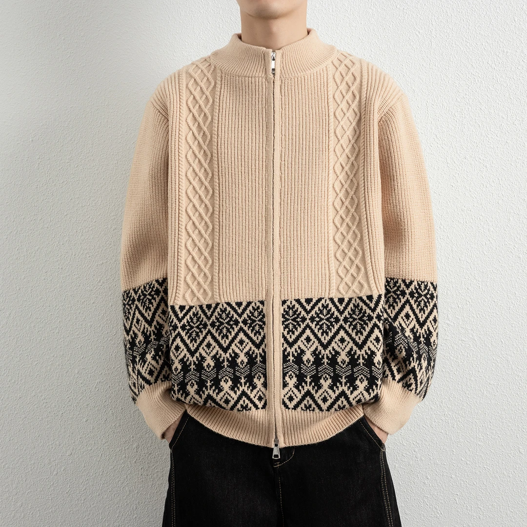 高级感针织开衫外套秋冬潮牌宽松立领夹克男士费尔岛休闲毛线衣服