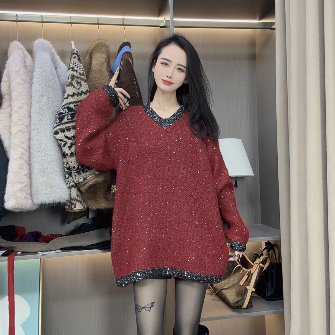 V领亮片针织衫女冬季韩版宽松显瘦加厚保暖慵懒风中长款毛衣