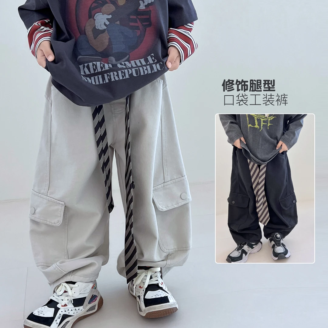 9.24号新品 男童口袋工装裤宽松秋直筒松紧带休闲裤潮流5099008O2