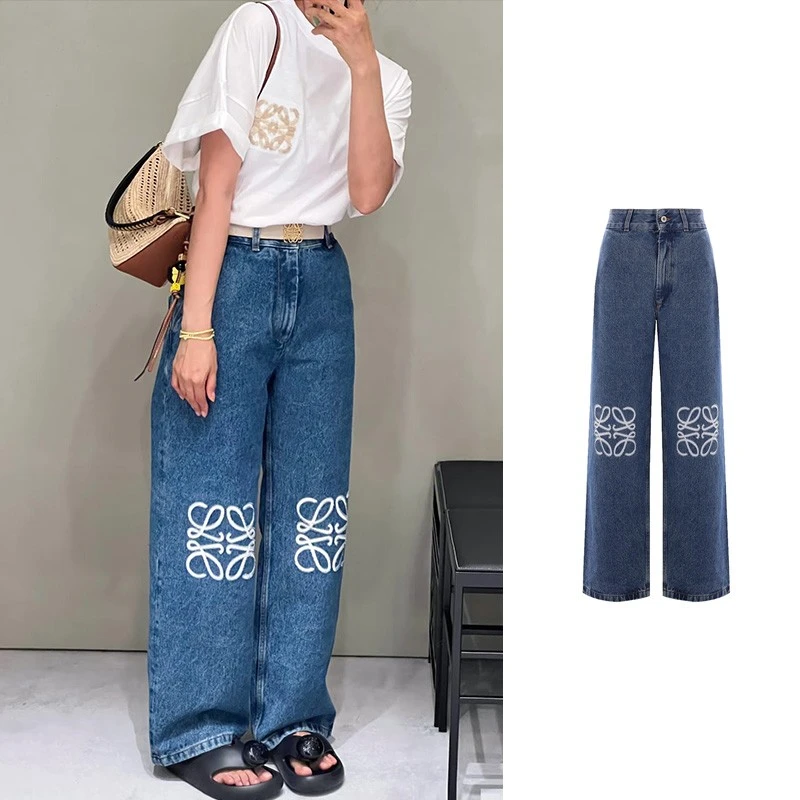 全新未使用 LOEWE/罗意威 蓝色膝盖Anagram LOGO直筒牛仔裤