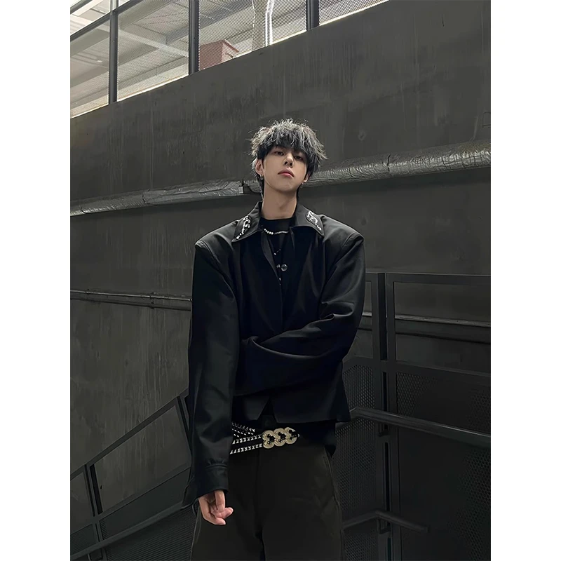 cleanfit美式黑色垫肩短款外套男春秋痞帅高级感设计钉珠正肩夹克