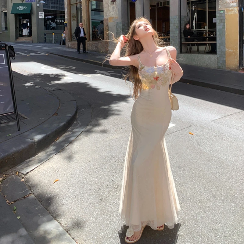JMSHOP 鱼姬少女 花朵蕾丝网纱鱼尾连衣裙中长款修身包臀吊带裙