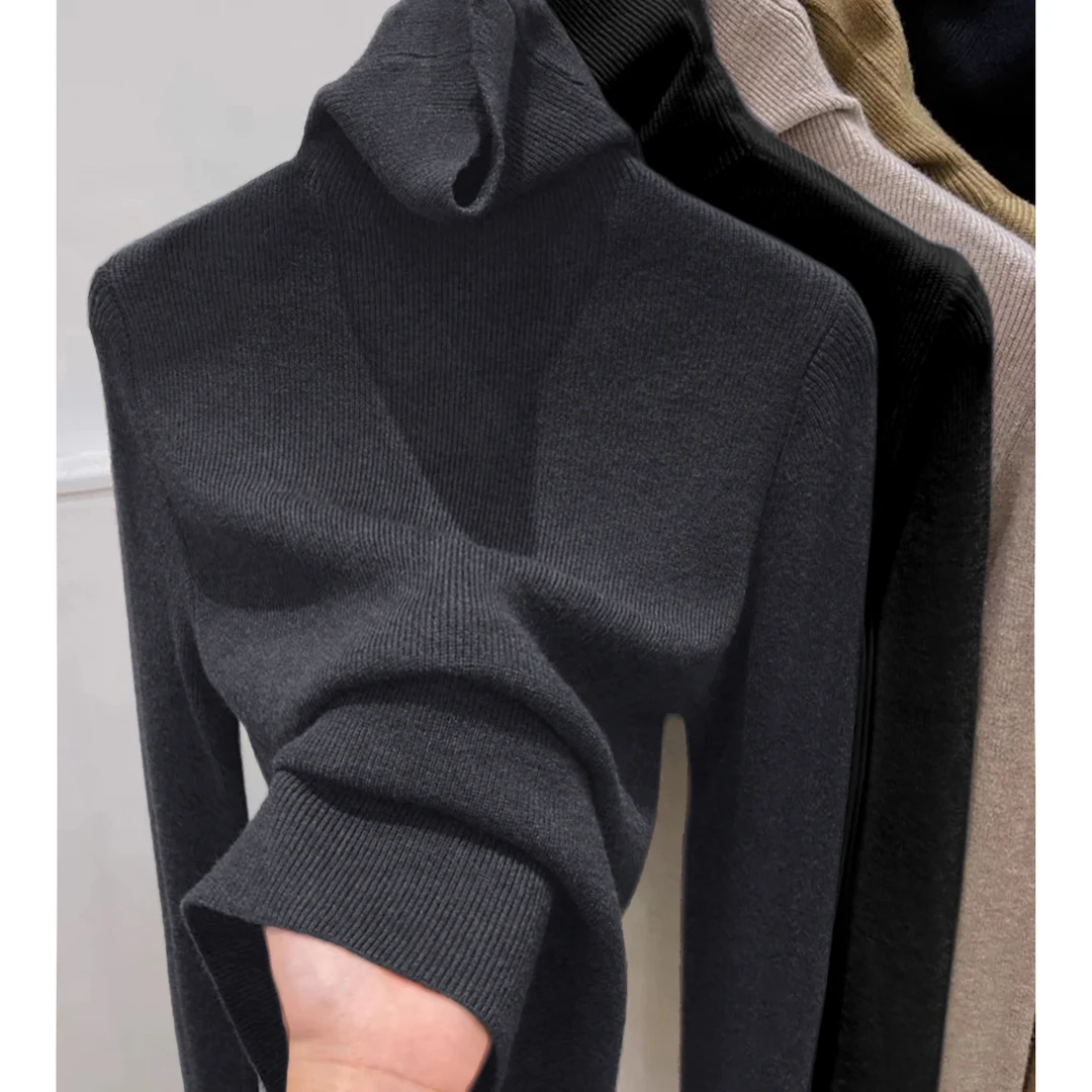 高级灰堆堆高领修身显瘦长袖打底衫女秋冬季搭配外套内搭针织上衣