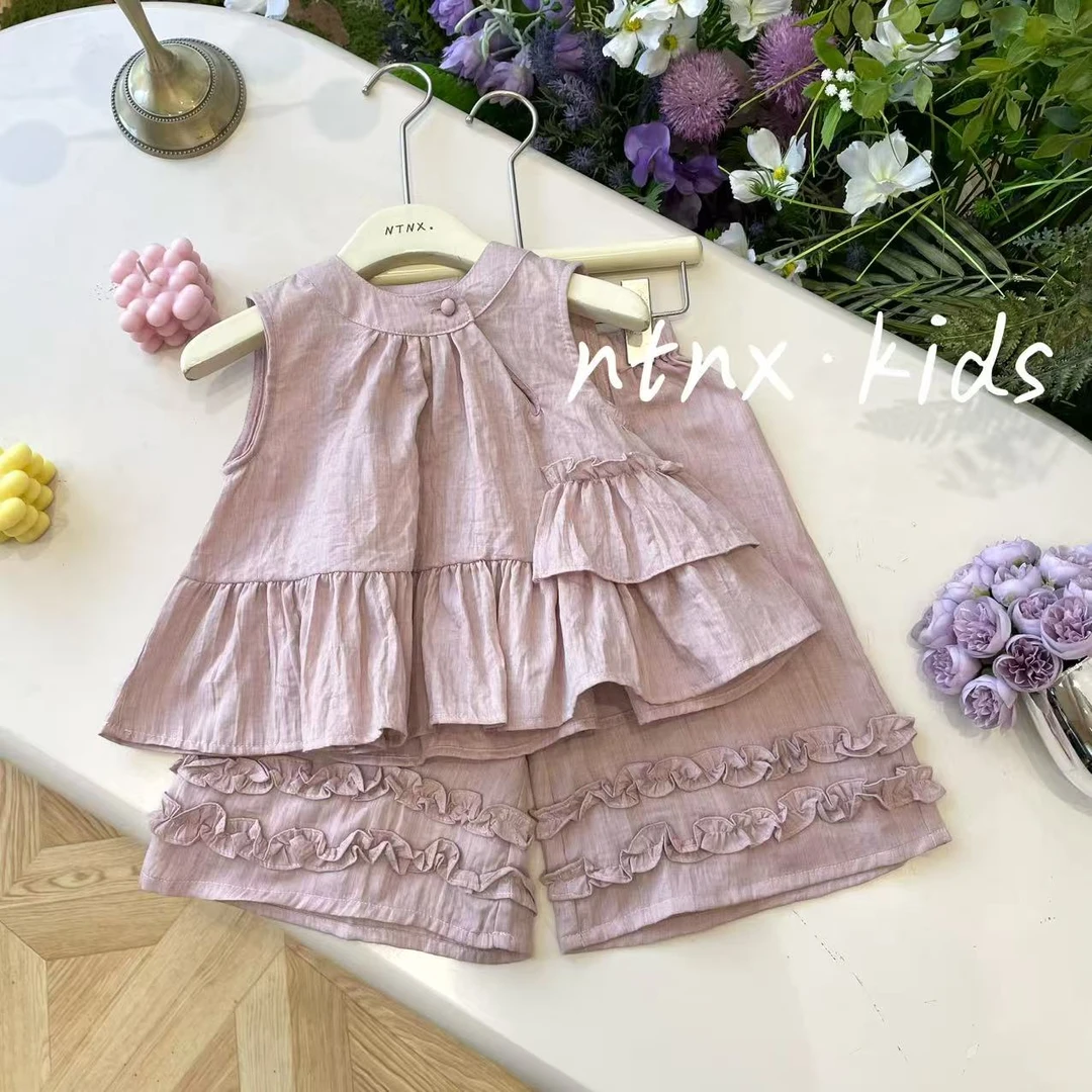 2025夏季儿童荷叶摆无袖衬衫阔腿裤套装女童洋气两件套2551