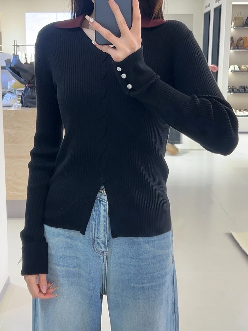 薄款女毛针织衫套头款长袖常规春秋修身打底轻职风冬季拼接
