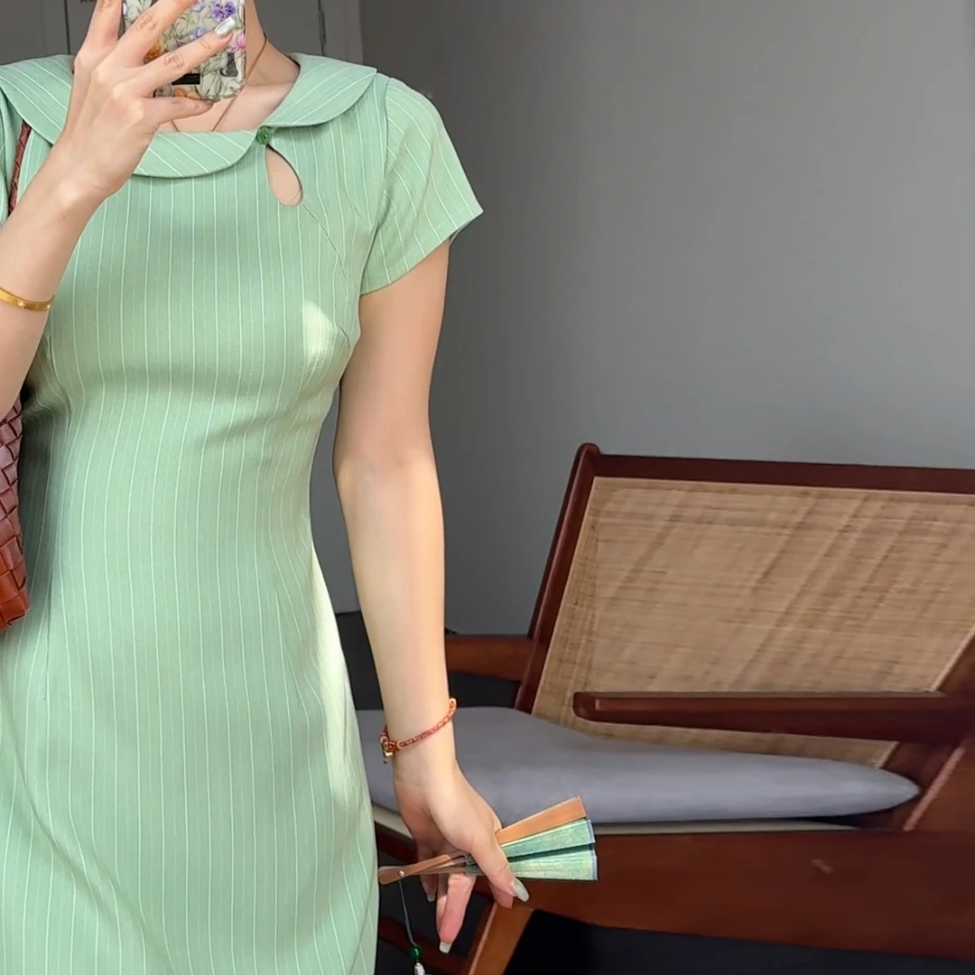 改良旗袍绿色镂空连衣裙法式高级感收腰国风裙子2025夏季长裙4727