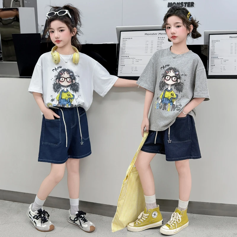 女童短袖套装夏装2025新款洋气儿童装夏季薄款T恤女孩短裤两件套