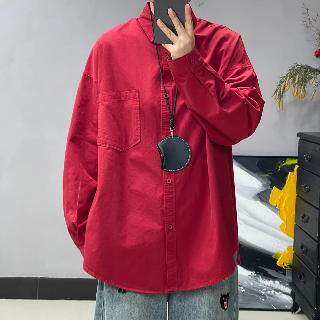 82113春款长袖衬衫休闲百搭复古红色宽松潮流纯色韩版春秋衬衣ins