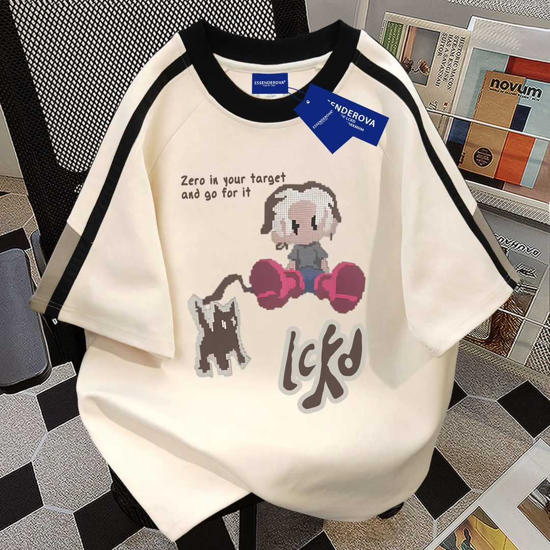 100%纯棉韩系高级感休闲圆领短袖t恤男女夏季爆款宽松情侣上衣ins