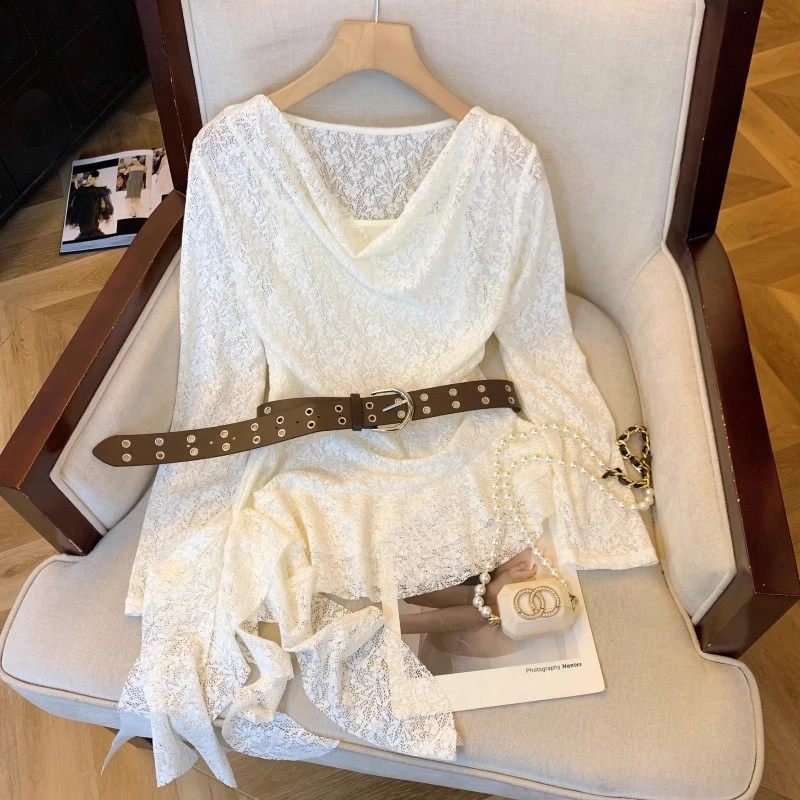 法式轻熟风名媛气质蕾丝荡领长袖女装秋季荷叶边镂空收腰显瘦上衣