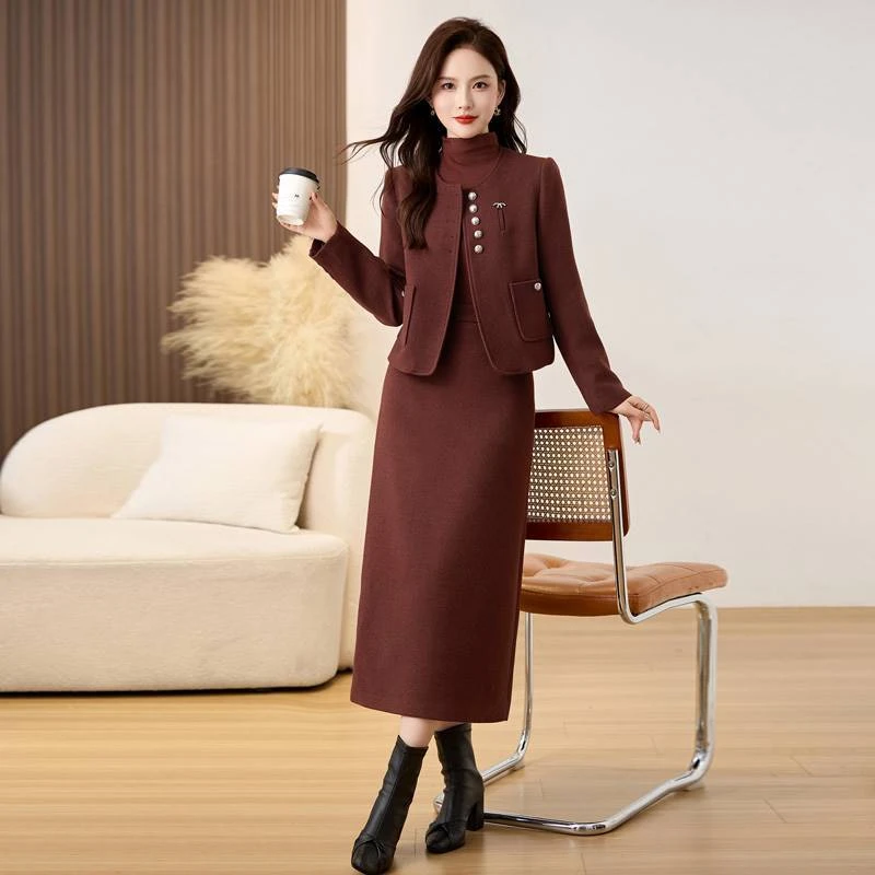 小香风套装2025春秋季新款法式高级感红色毛呢半身裙三件套职业装