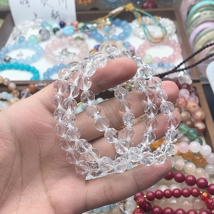 烟晶手链银S925镶嵌白水晶切面