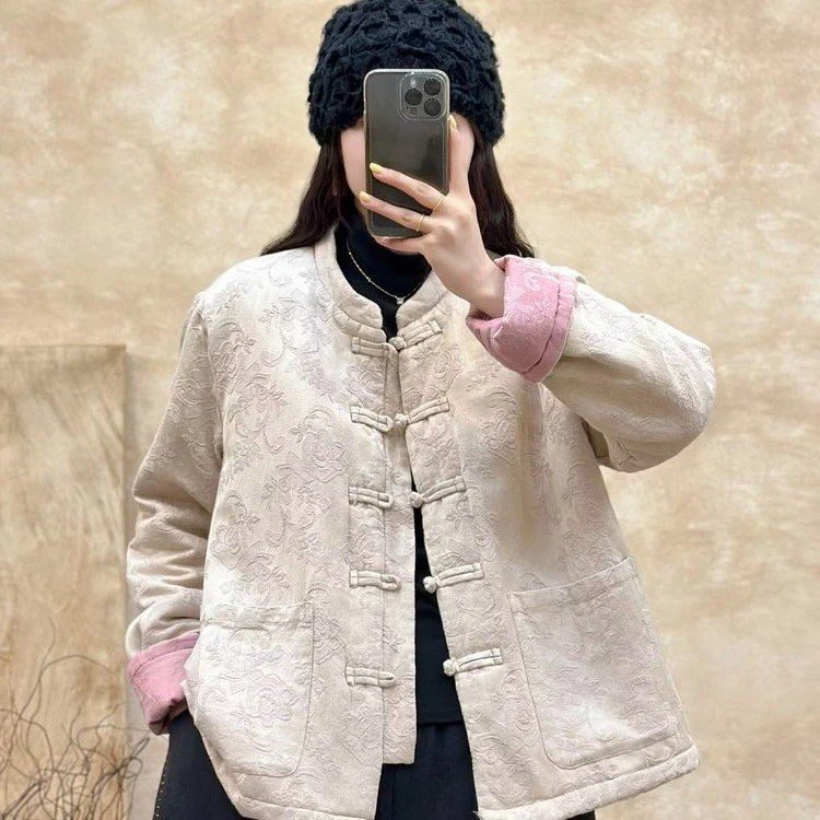 2028复古盘扣提花设计中式国风加厚保暖棉服女冬季外套