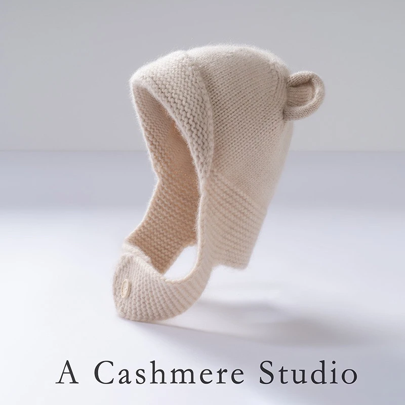 Cashmere/可爱小熊耳朵帽男女童秋冬山羊绒保暖护耳针织包头帽