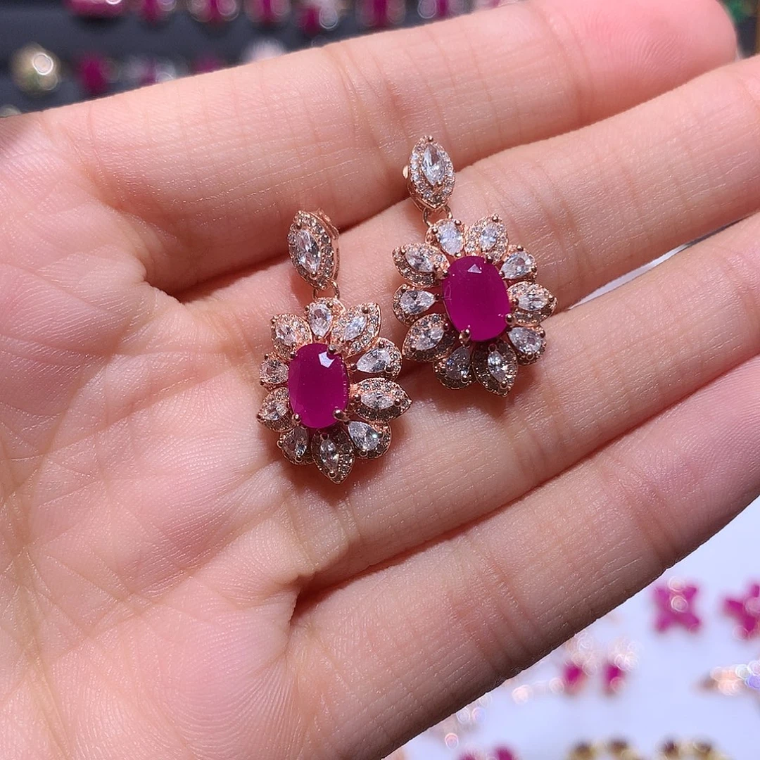 红宝石耳饰银S925镶嵌