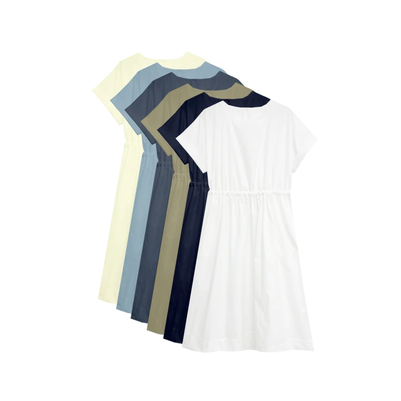 【橙庐】989000原创简约纯棉圆领翻袖系带连衣裙 春夏显瘦休闲百搭