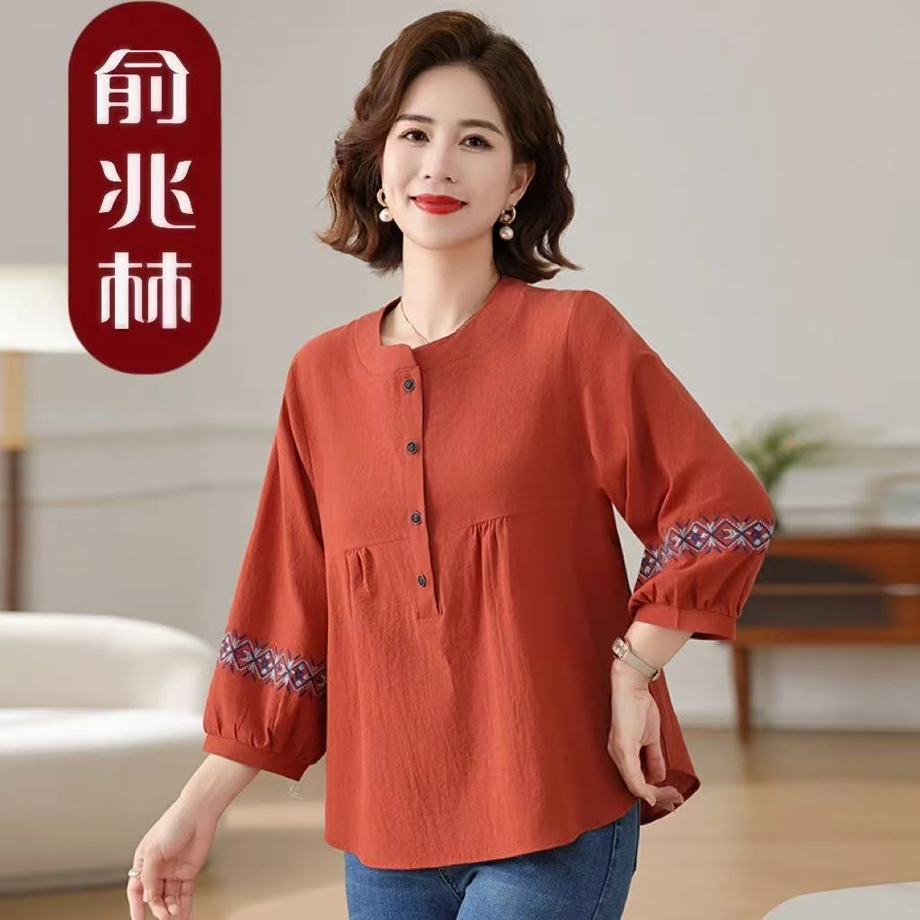 俞兆林新款妈妈春夏装洋气减龄中老年女宽松显瘦七分袖小衫上衣