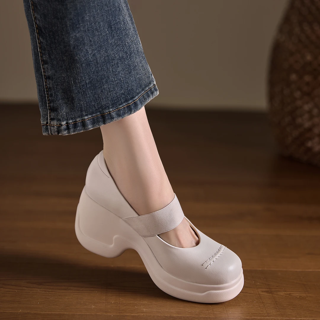 小个子手工女鞋8cm~百搭圆头高跟坡跟浅口单鞋不累脚法式玛丽珍鞋