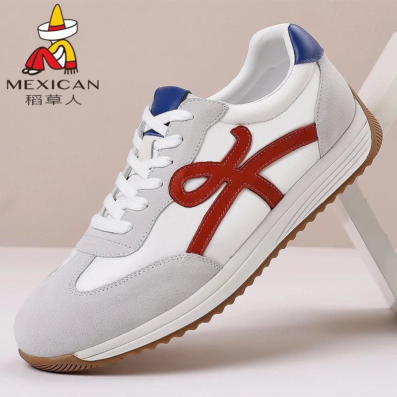 Mexican/稻草人男鞋新款德训鞋复古运动休闲鞋真皮时尚潮男阿甘鞋
