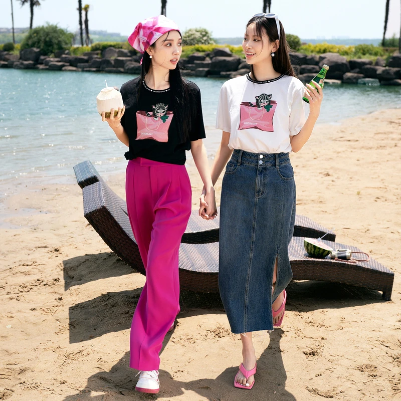 【可爱猫咪刺绣T恤】圆领短袖休闲俏皮DOUBLOVE贝爱2025春夏新款